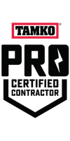 TAMKO PRO Certified Contractor logo in black, white, and red with shield emblem