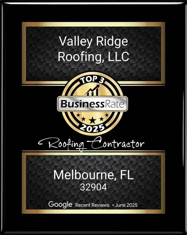 Valley Ridge Roofing, LLC award plaque in black and gold, Melbourne, FL, BusinessRate Top 3 2025