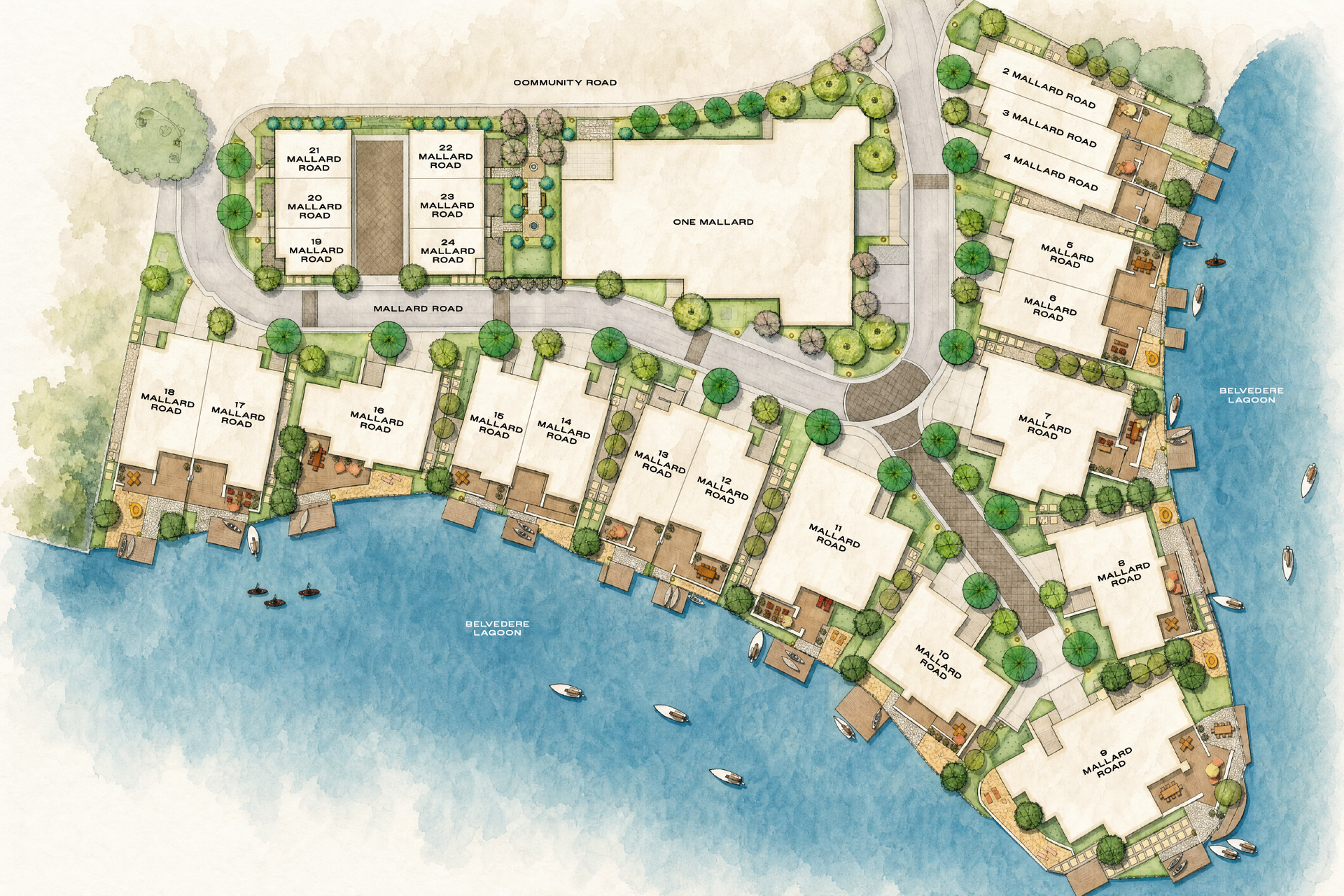 Illustrated watercolor site plan of Mallard Pointe on Belvedere Lagoon