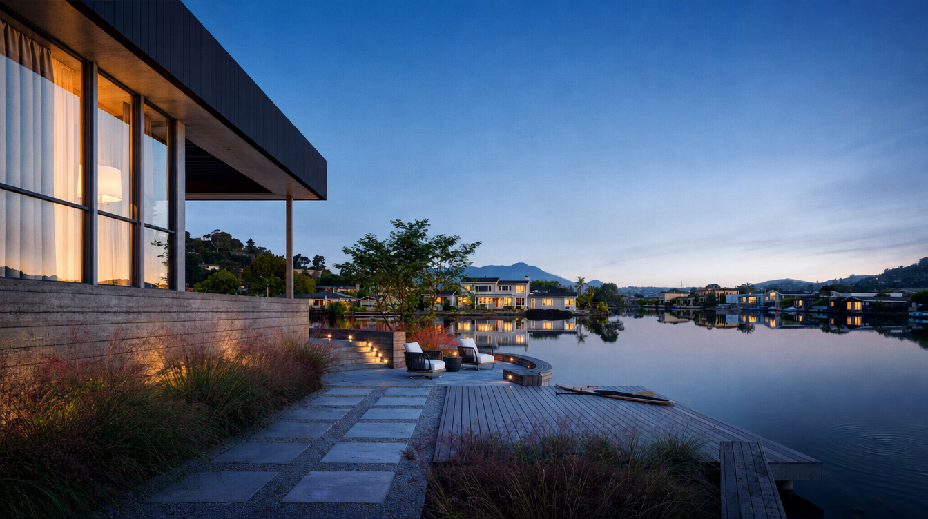 Single-family Mallard Pointe home with private waterfront dock at dusk