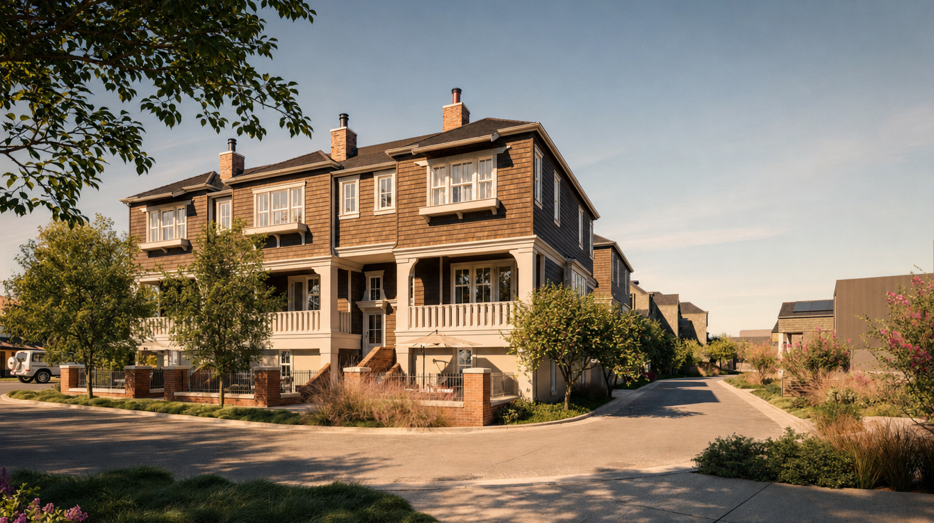 Street-level view of the Mallard Pointe townhomes with landscaped frontage