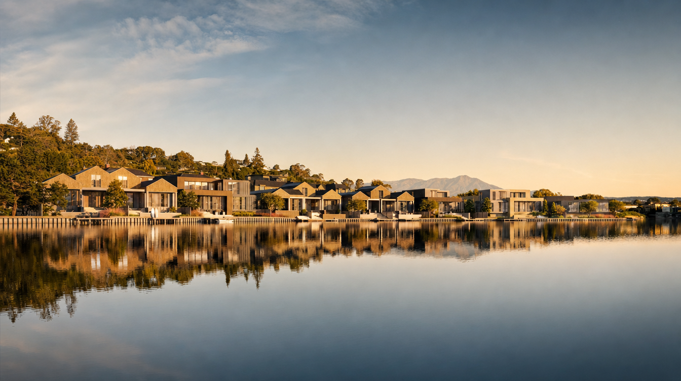 Water-level view of the Mallard Pointe homes along the Belvedere Lagoon shoreline