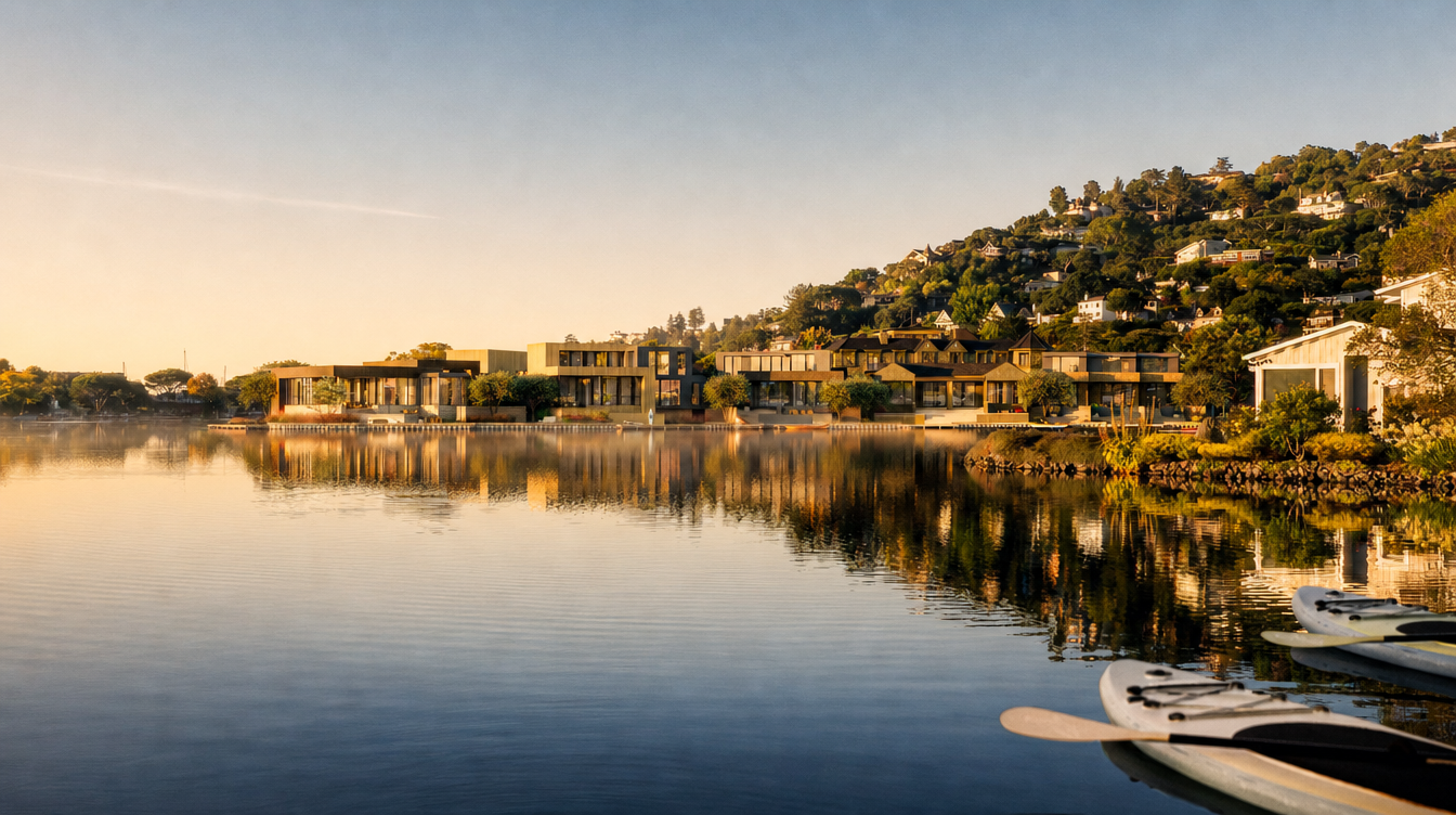 Lagoon-front elevation of the Mallard Pointe residences reflected in still water at golden hour