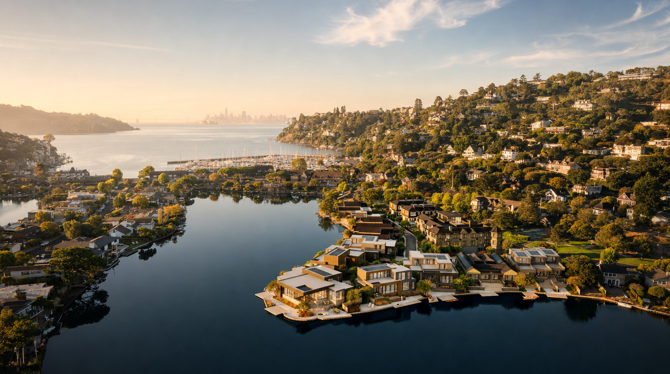 Aerial view of Mallard Pointe and the surrounding Belvedere Lagoon