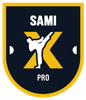 SAMI-X eckiger gelber Badge mit schwarzem Hintergrund
