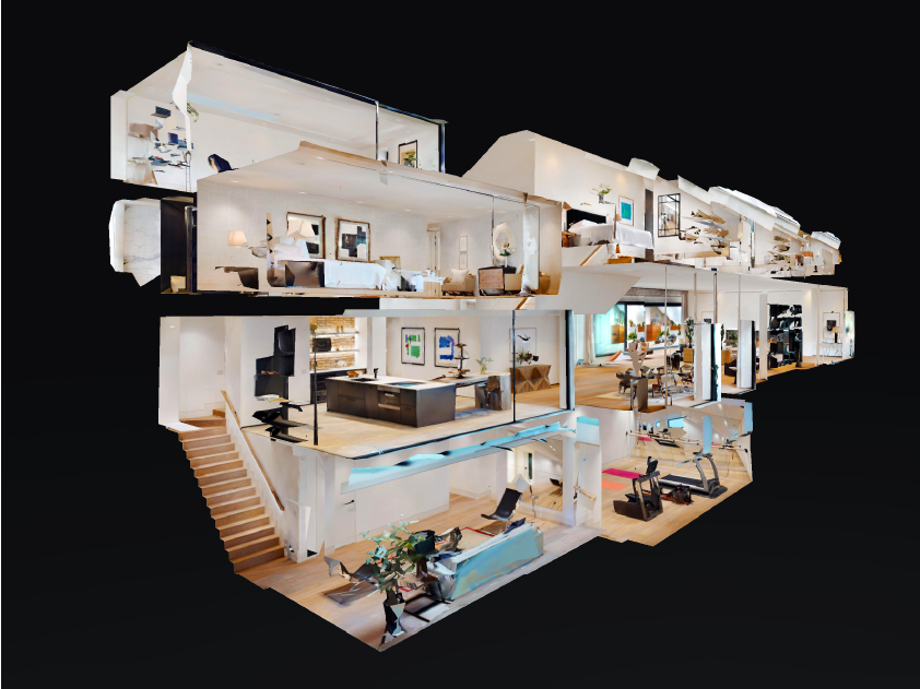 Cutaway view of a modern home with multiple levels, showing interior design and furnishings.
