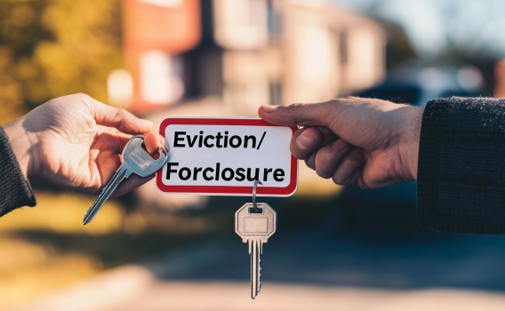 A person is handing a sign that says eviction / forclosure to another person.