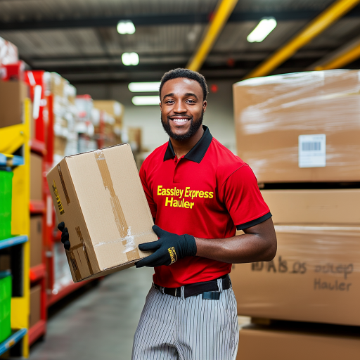 A man in a red eastley express mailer shirt holds a cardboard box