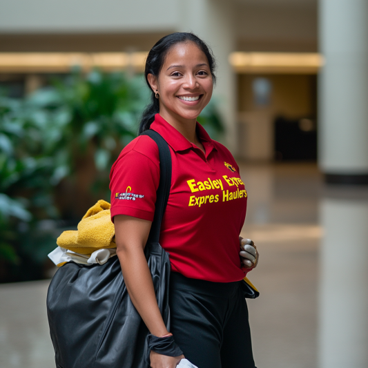 A woman wearing a red shirt that says easy to express hader