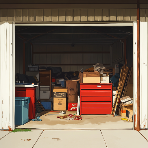 A painting of a garage filled with boxes and tools