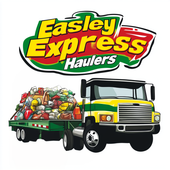 The logo for easley express haulers shows a truck with a trailer full of trash.