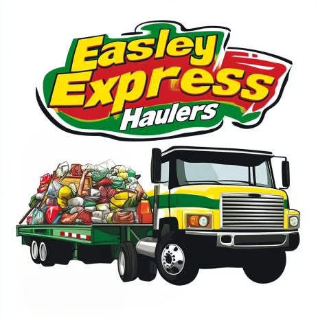 The logo for easley express haulers shows a truck with a trailer full of trash.