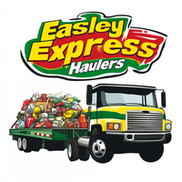 The logo for easley express haulers shows a truck with a trailer full of trash.