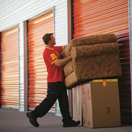 A man is carrying a couch in a storage unit