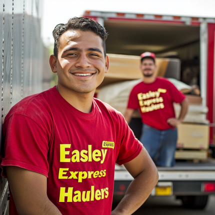 A man wearing a red shirt that says easley express haulers
