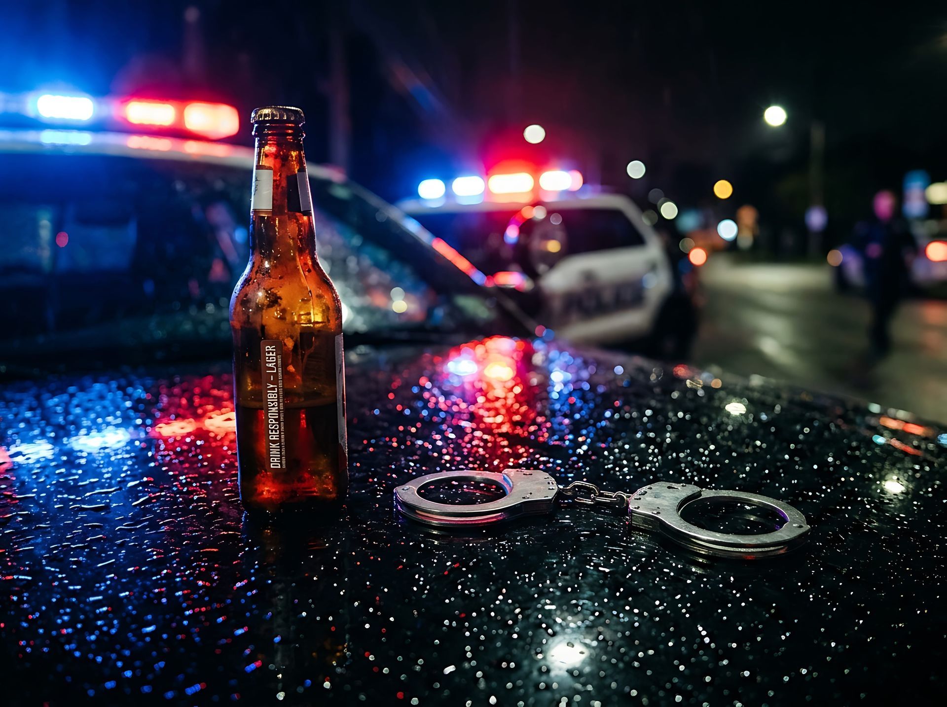 Beer bottle on a wet car hood at night with police lights flashing in the background