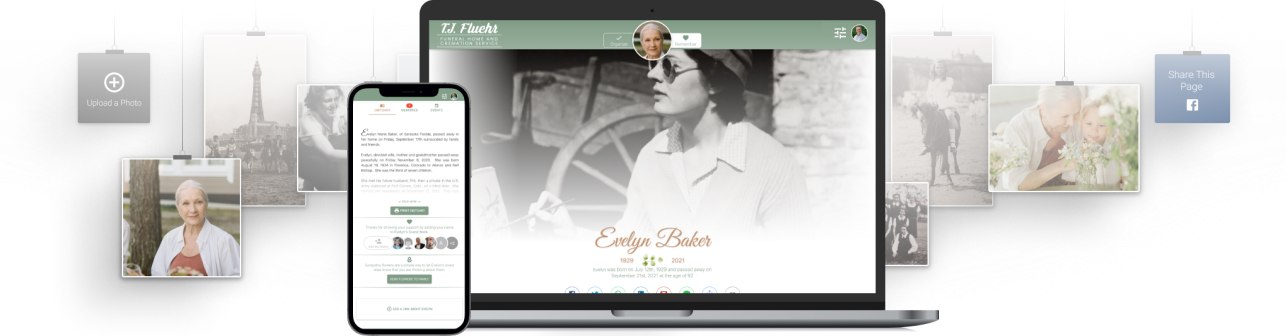 A laptop and smartphone displaying digital family history records, surrounded by floating black-and-white portrait photos.