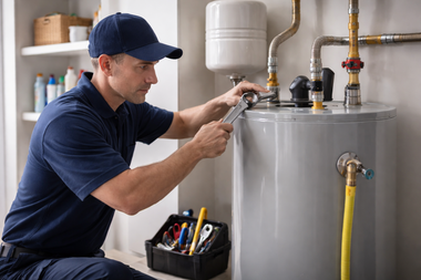 Plumber in blue uniform uses a wrench on a water heater in a utility room.