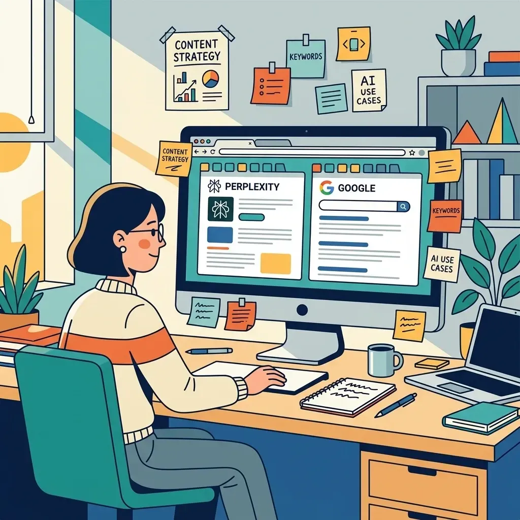 Person working at a desk with a large desktop monitor in a colorful home office, surrounded by sticky notes and plants