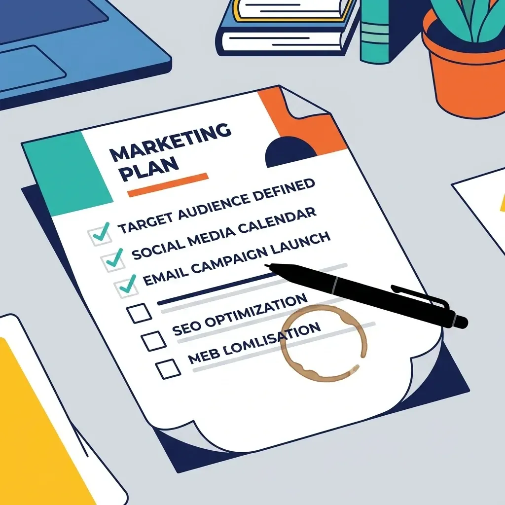 Marketing plan checklist on a desk, with a pen and checked tasks in teal and orange.
