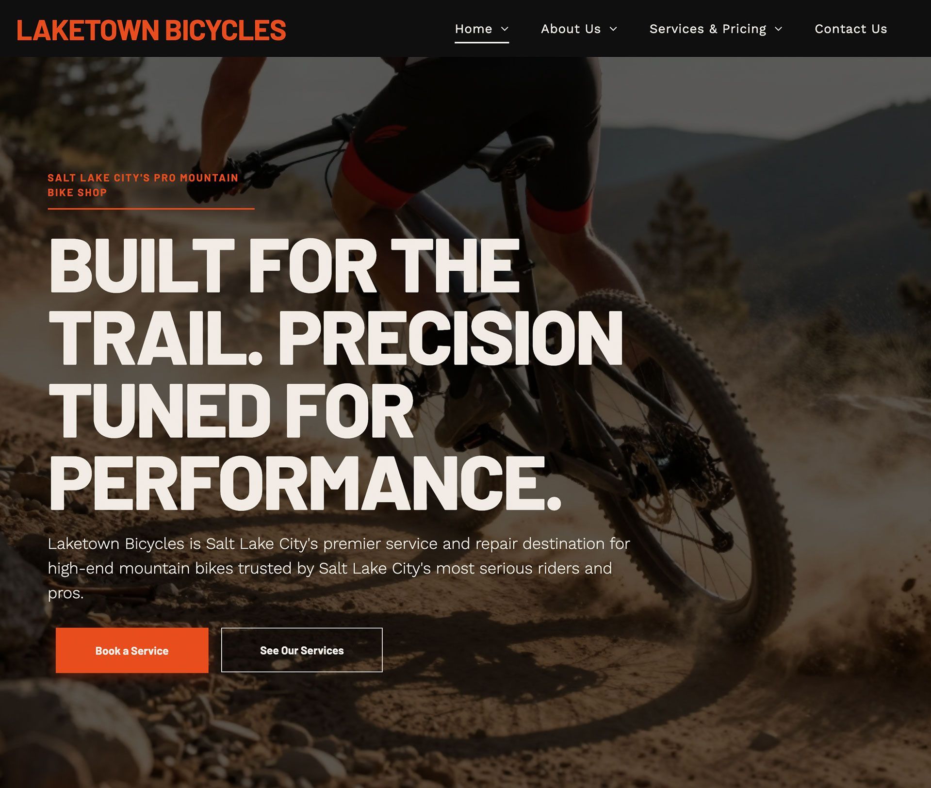 Mountain biker on a dirt trail at sunset with text: “Built for the trail. Precision tuned for performance.”