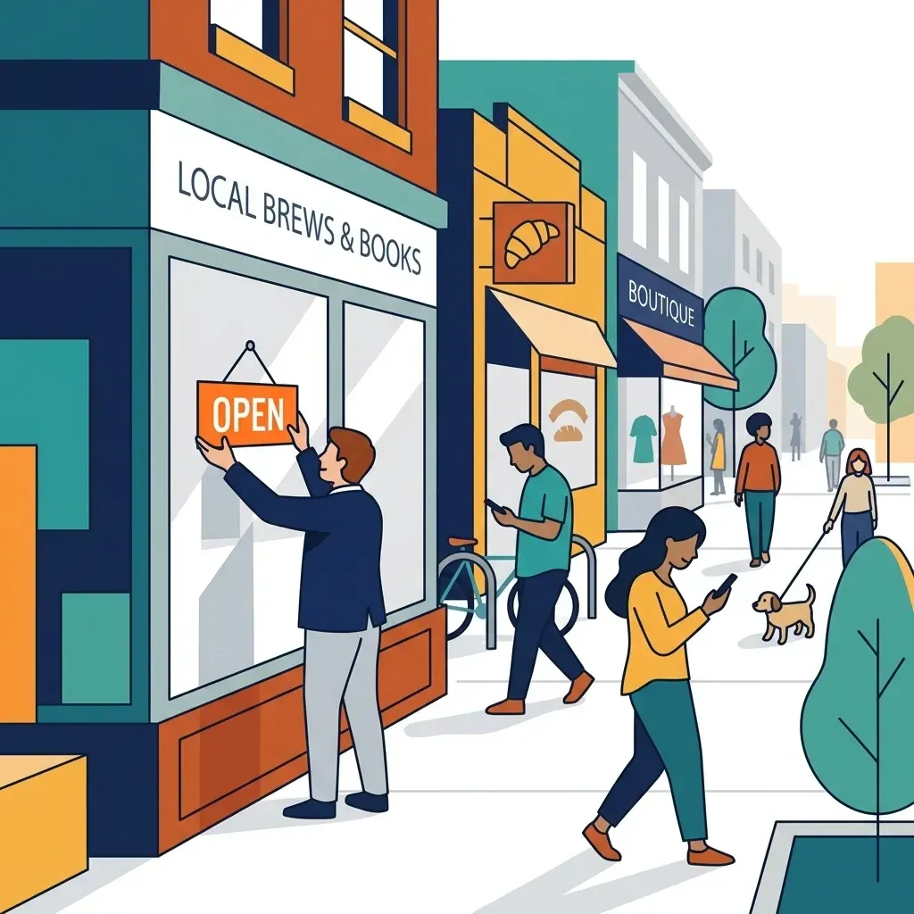 People opening a local brews and books shop on a colorful street, with pedestrians and a dog nearby.