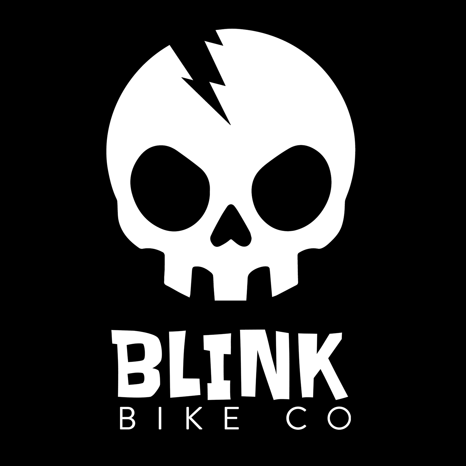White skull logo with “BLINK BIKE CO” text on a black background