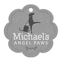 Michael’s Angel Paws pet tag logo with dog silhouette on a gray paw-shaped background