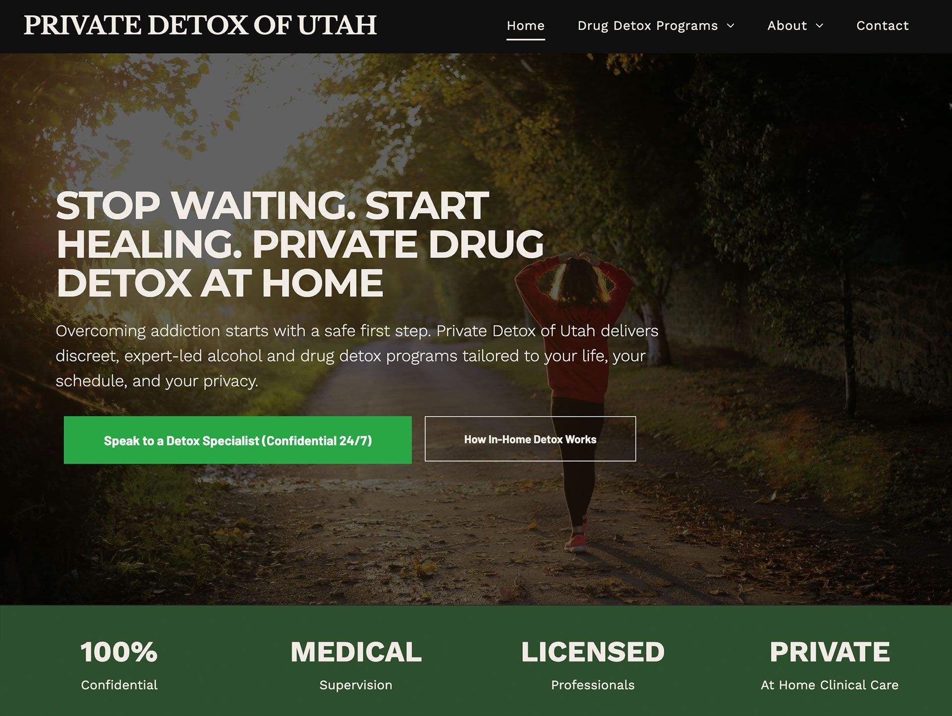 Website banner for Private Detox of Utah with “Stop Waiting, Start Healing” and green call-to-action buttons