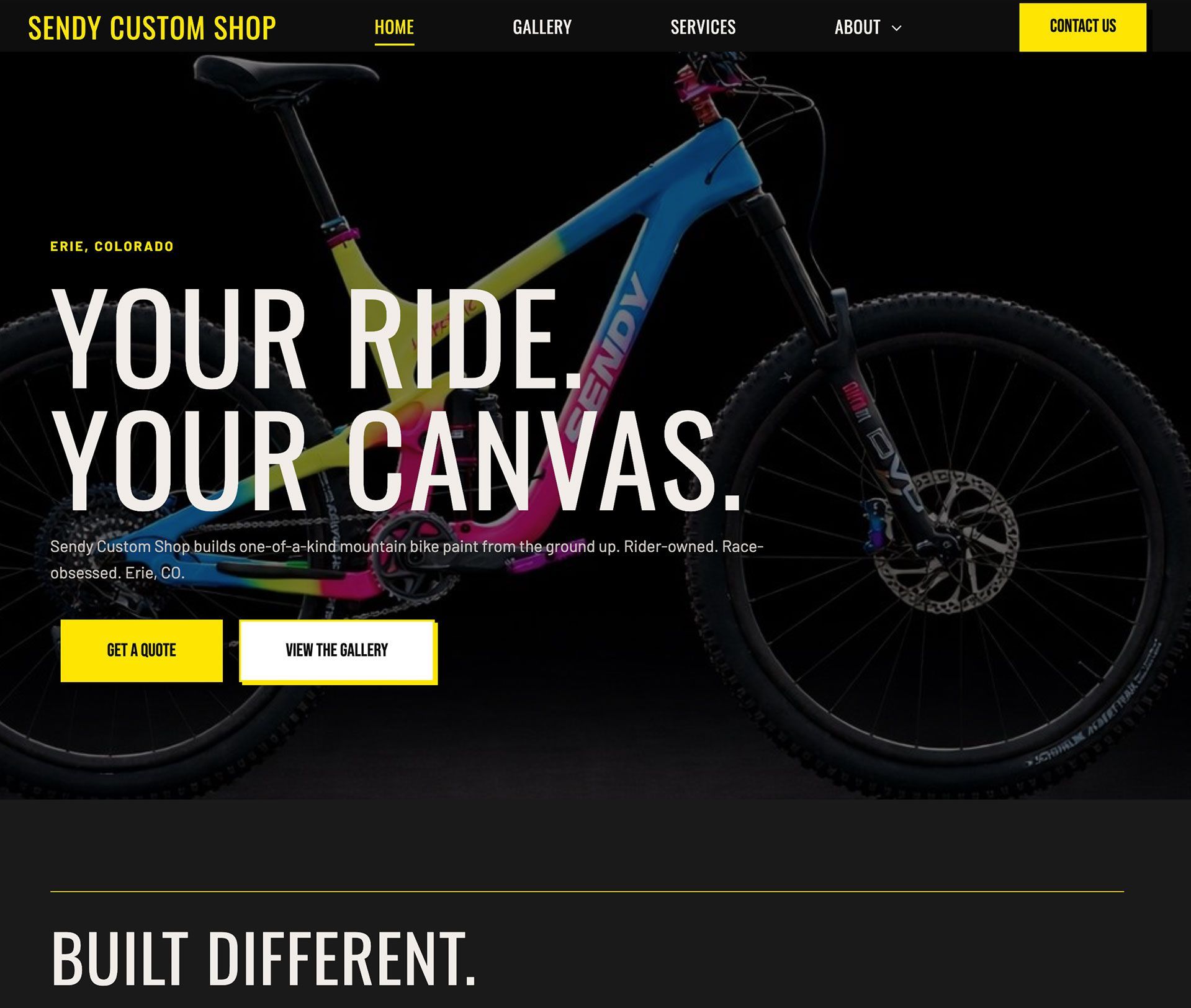 Custom mountain bike shop homepage with a blue bike and large headline “Your Ride, Your Canvas.”