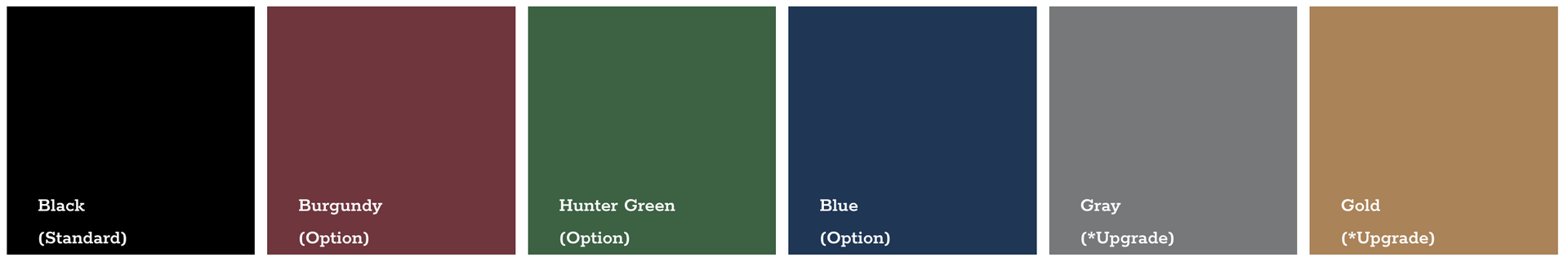 A palette of colors including black burgundy blue green gray and brown