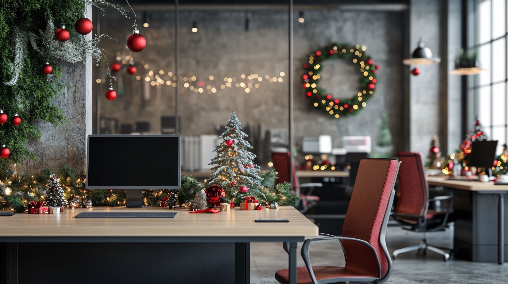 Office decorated for Christmas with a tree, ornaments, and a wreath.