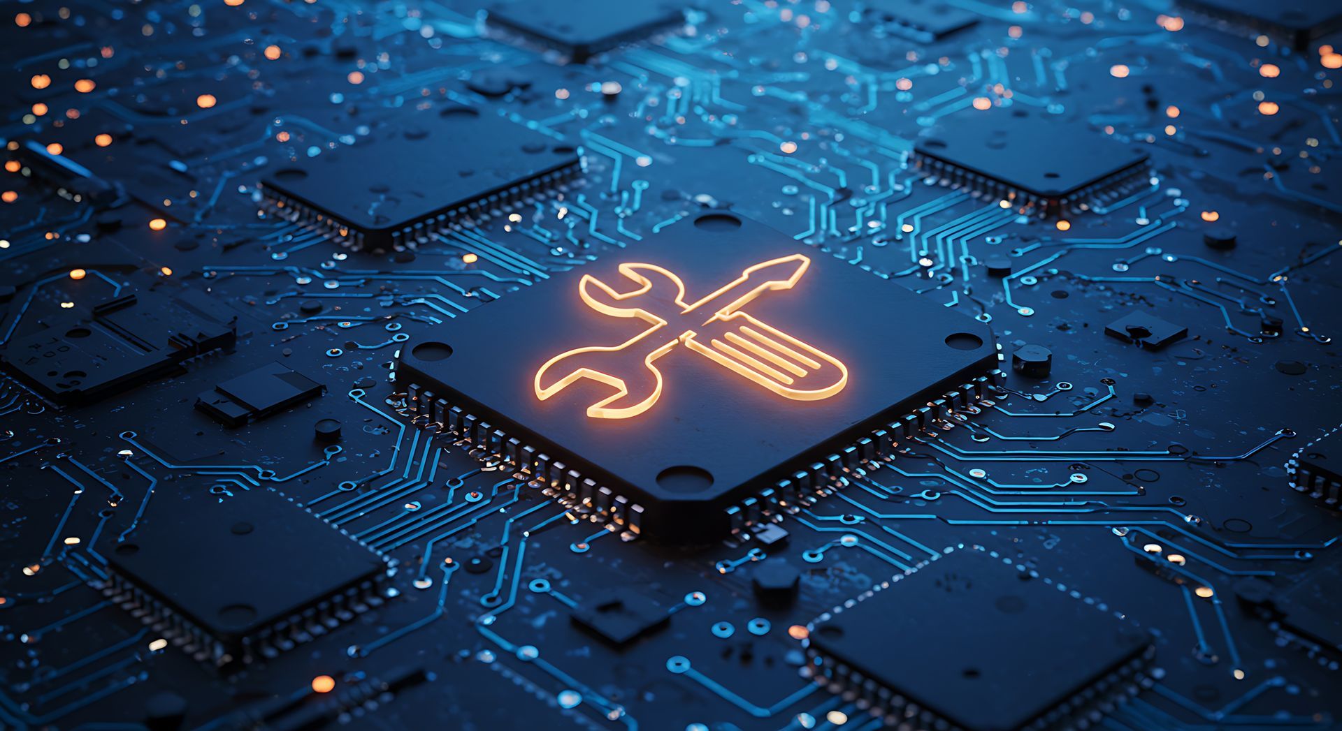 Circuit board with a glowing wrench and screwdriver icon, symbolizing repair and maintenance.