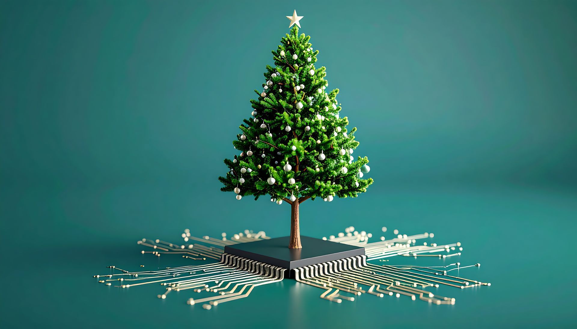 Christmas tree on a computer chip, surrounded by circuit board lines, against a teal background.