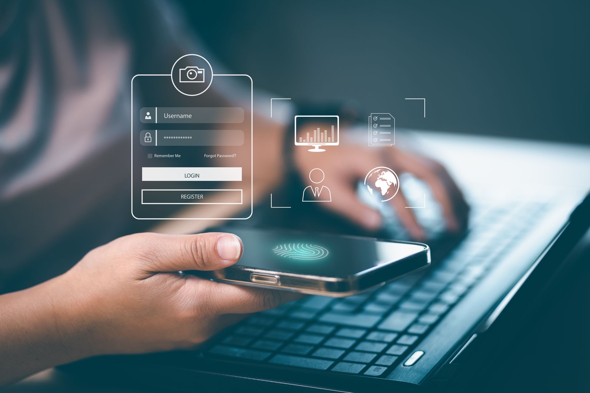 Person using smartphone with fingerprint scanner and laptop, login screen overlay.