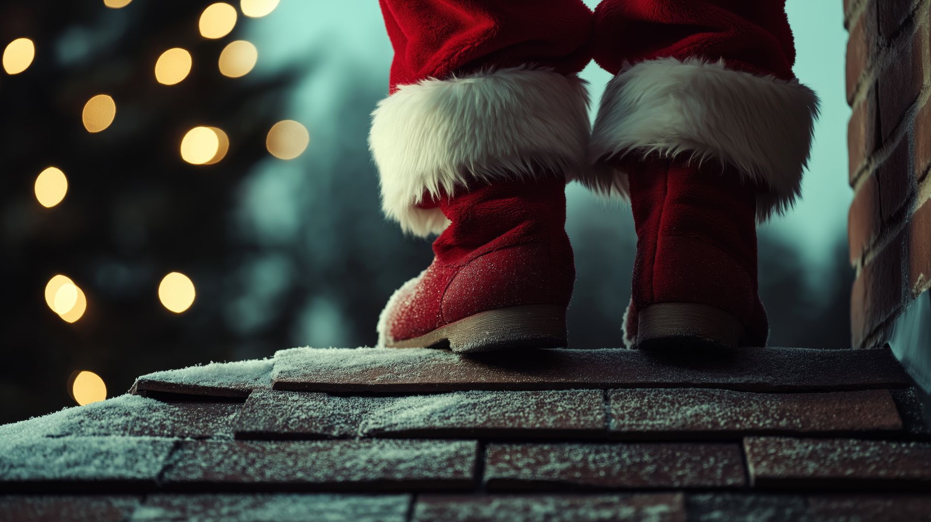 Santa's red boots with white fur trim stand on a snow-covered rooftop at night, with bokeh lights in the background.