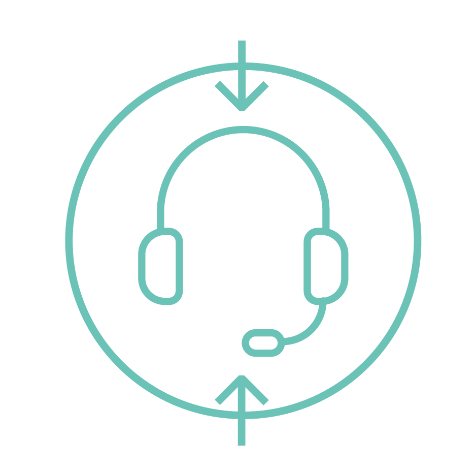 A line drawing of a headset with arrows pointing in opposite directions.