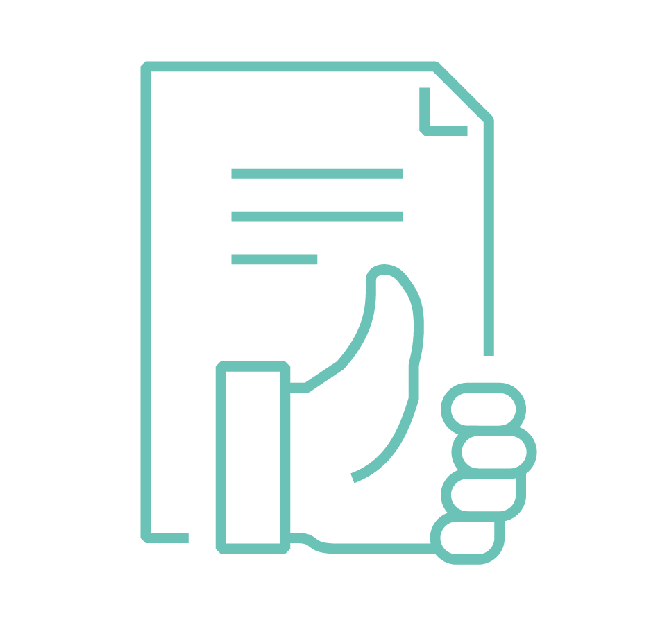 A line drawing of a hand giving a thumbs up next to a piece of paper.