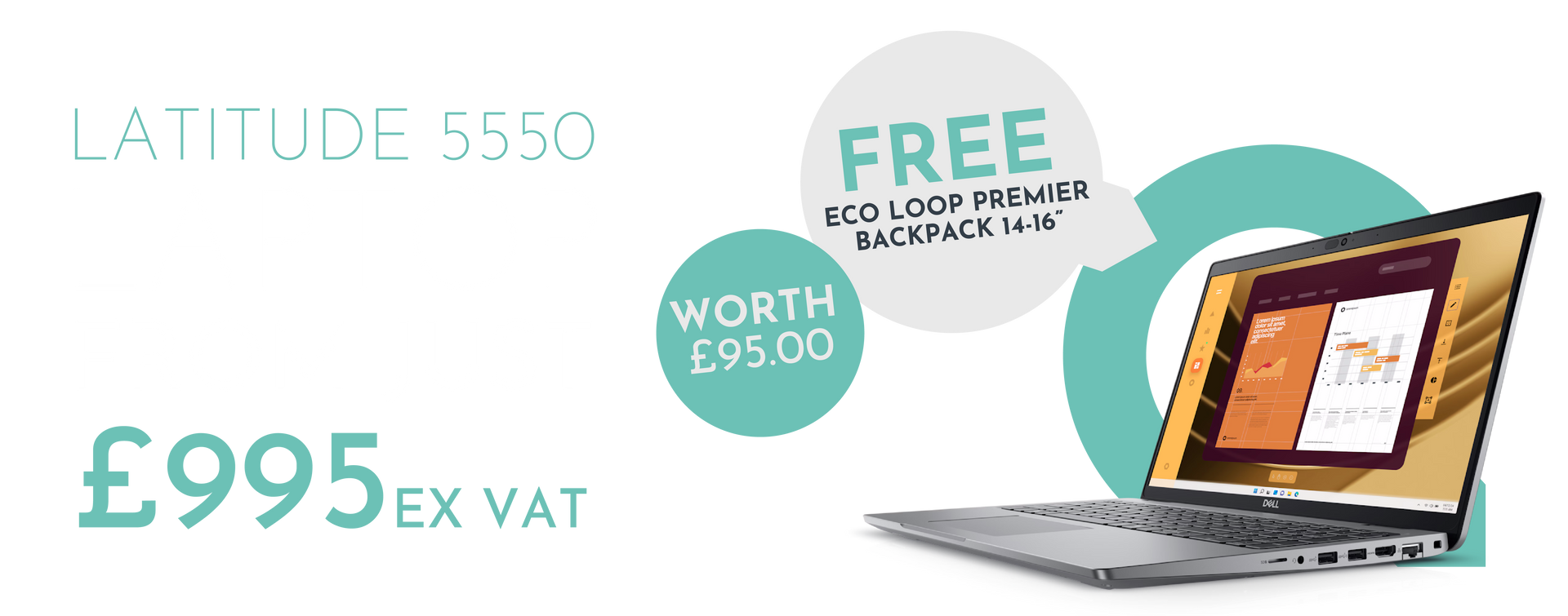 Latitude 5550 laptop with a free backpack offer, priced at £995 ex VAT.