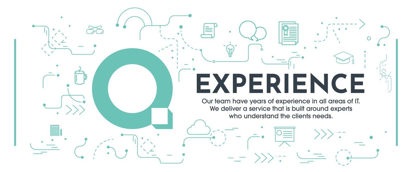 Graphic with the word "EXPERIENCE" and the letter "O" in teal, with a network of dotted lines and icons.