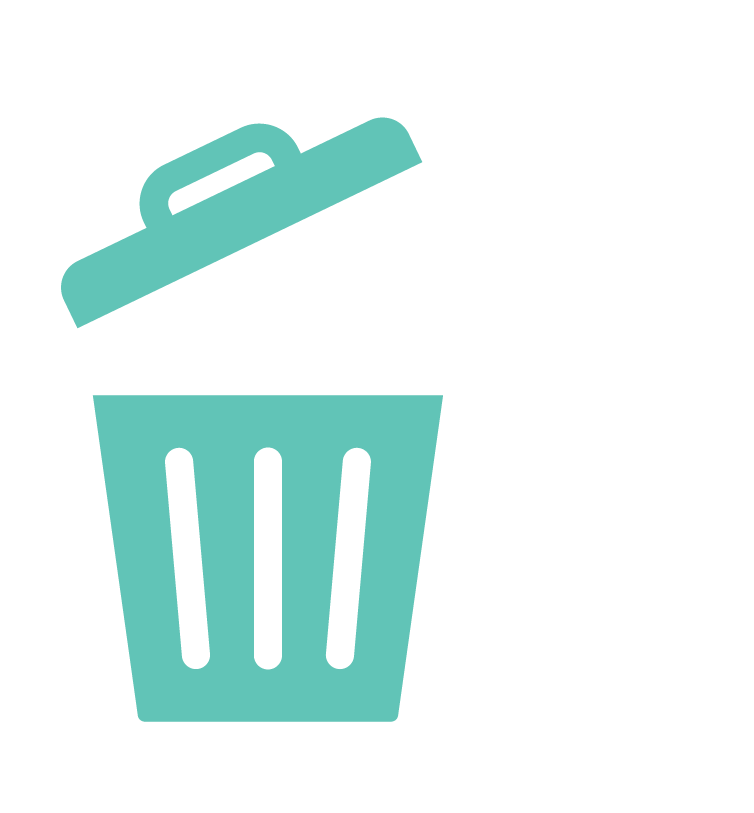 Teal-colored trash can with lid open, wastebasket icon.