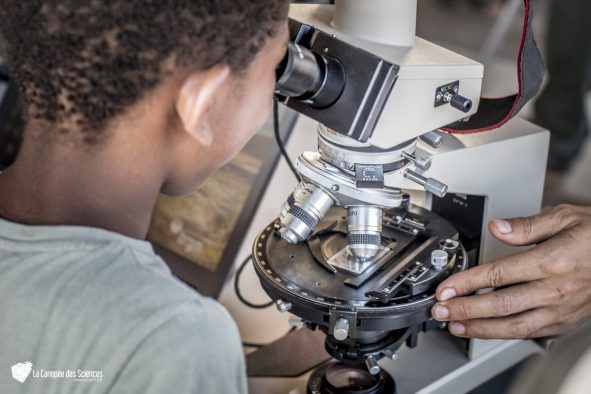 Un jeune garçon regarde à travers un microscope dans un laboratoire