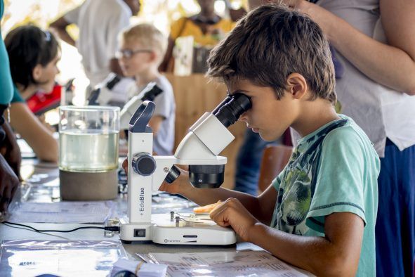 Un jeune garçon regarde quelque chose à travers un microscope.