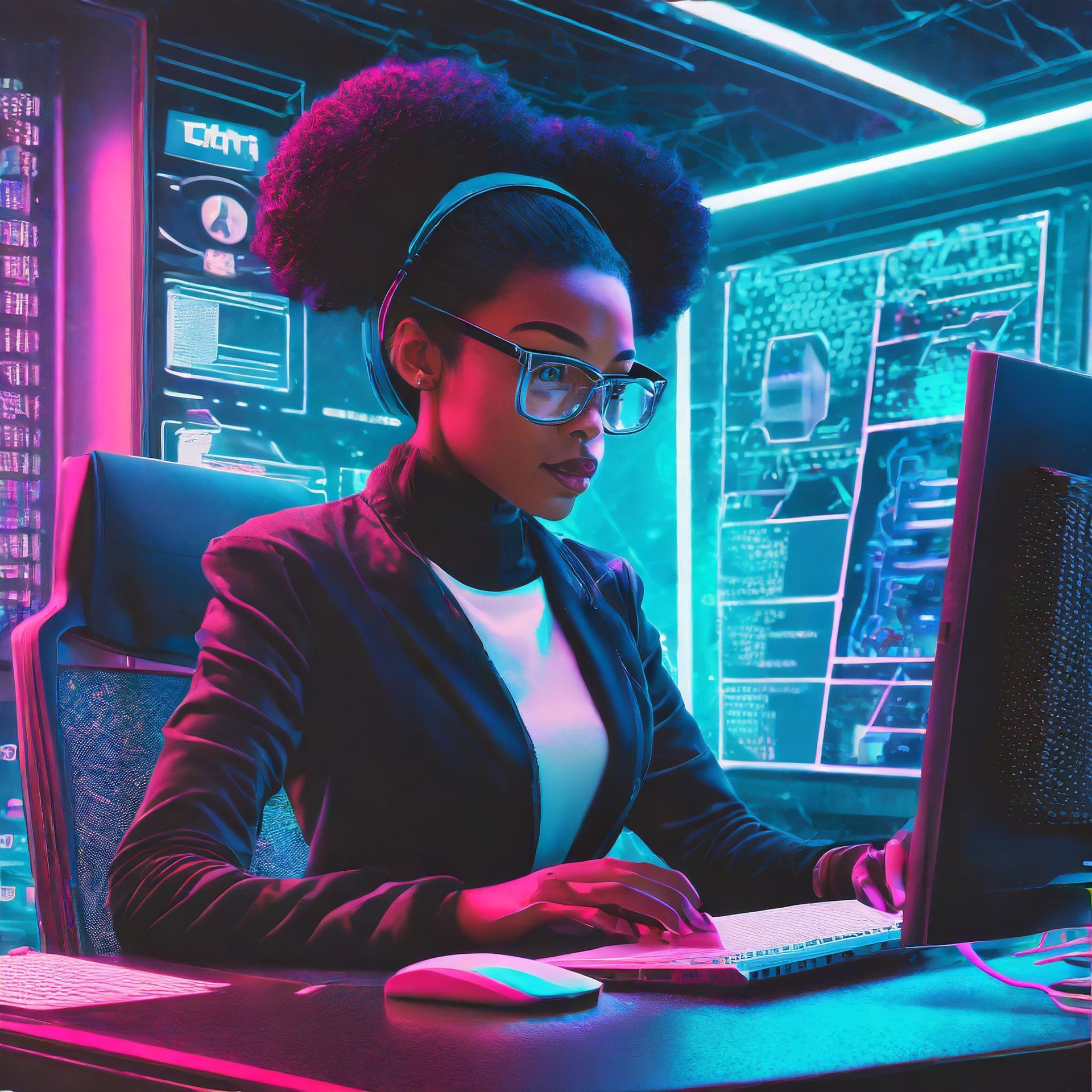 Une femme est assise à un bureau devant un ordinateur.