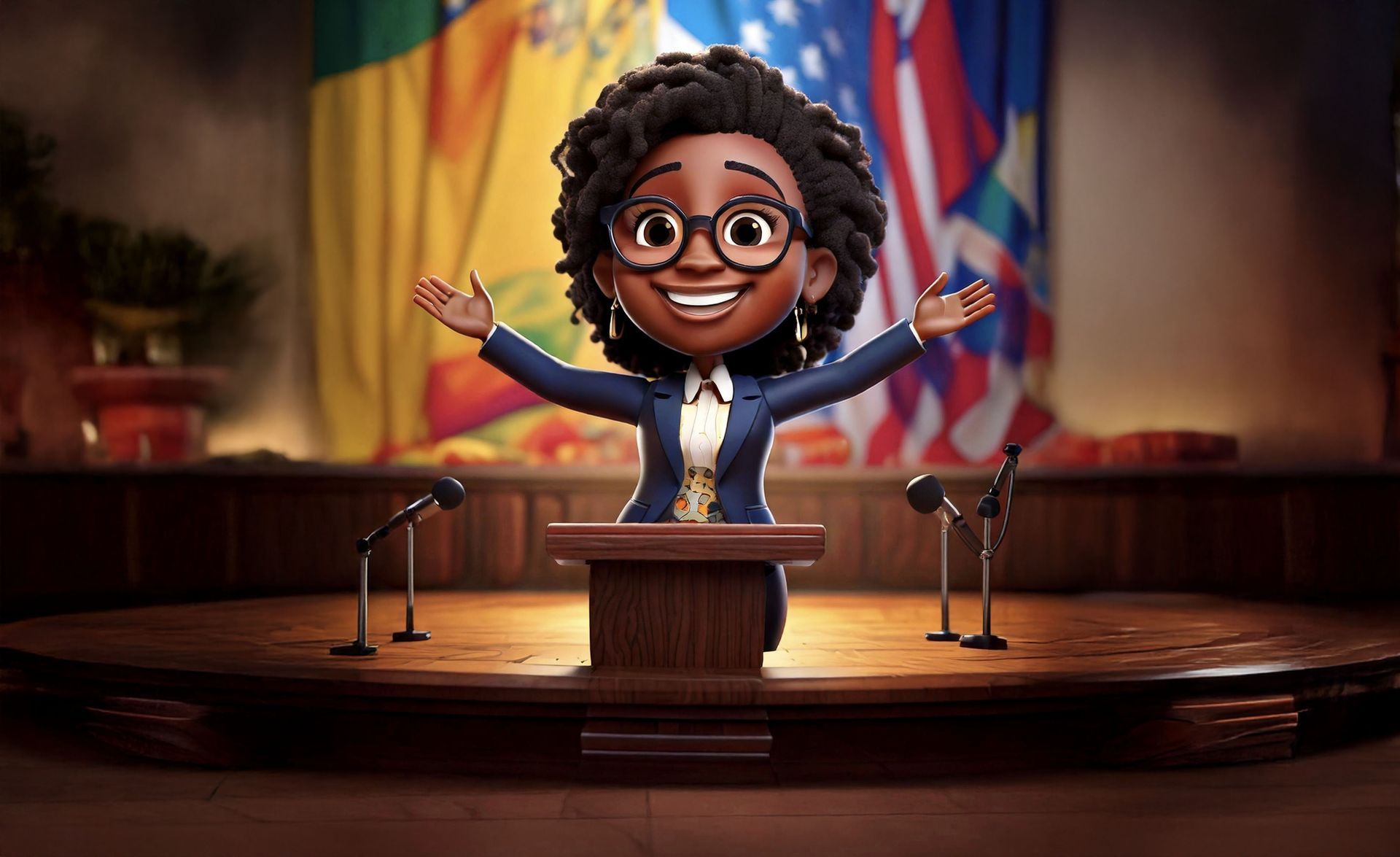 Un personnage de dessin animé se tient sur un podium, les bras tendus.