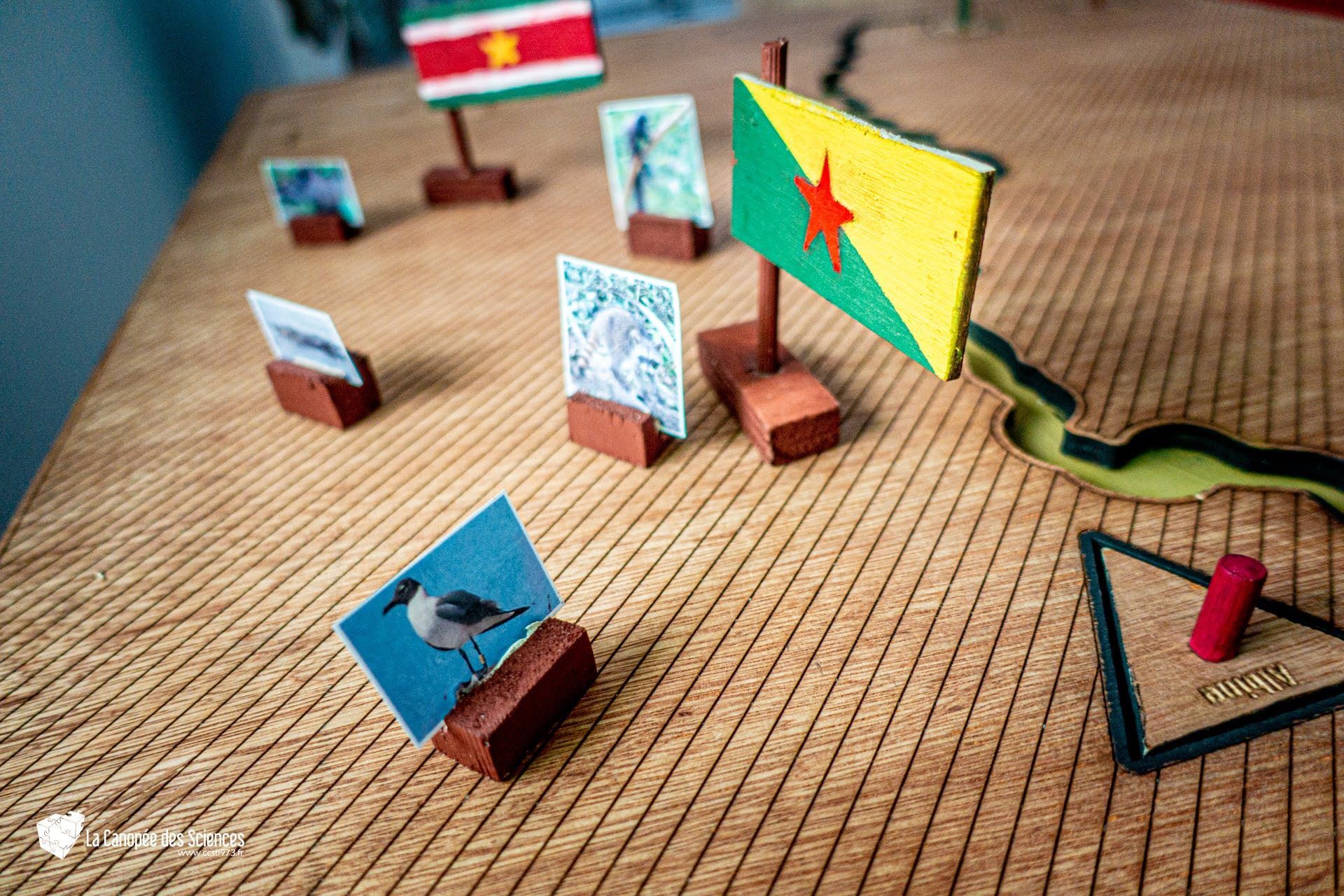 Une table en bois avec de petits drapeaux et des images dessus