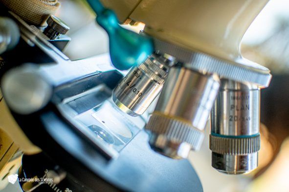 Un gros plan d'un microscope avec un objet bleu en arrière-plan