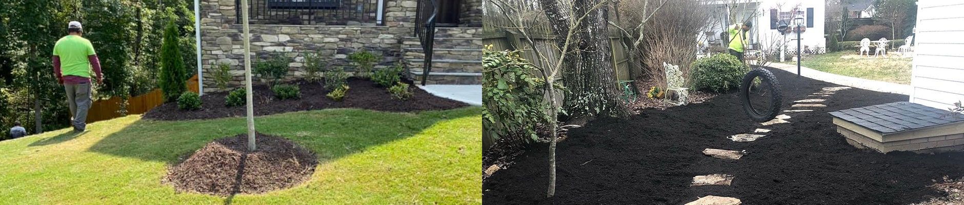 Landscaping with mulch around trees and in flowerbeds, including a person in green shirt.