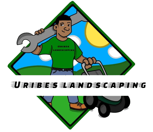 A person holding a wrench and lawnmower in front of a blue sky and grass. Uribes Landscaping text.