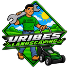 A person holding a wrench and lawnmower in front of a blue sky and grass. Uribes Landscaping text.